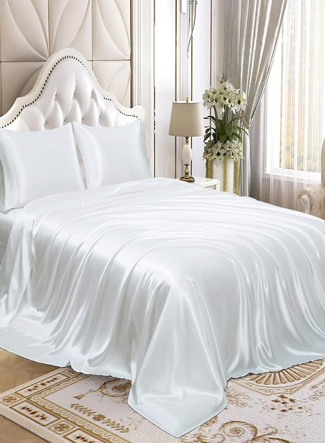 Homiest 4pcs Satin Sheets Set Luxury Silky Satin Bedding Set with Deep Pocket, 1 Fitted Sheet + 1 Flat Sheet + 2 Pillowcases (Queen Size, White) - Image 1